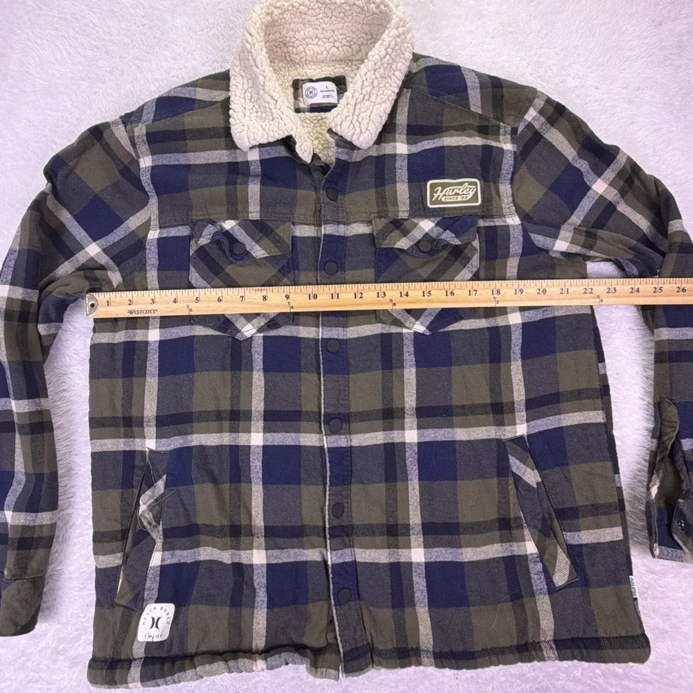 Hurley Shirt Jacket‎ Mens M/L, Green Plaid Sherpa Lined Shacket Snap Front